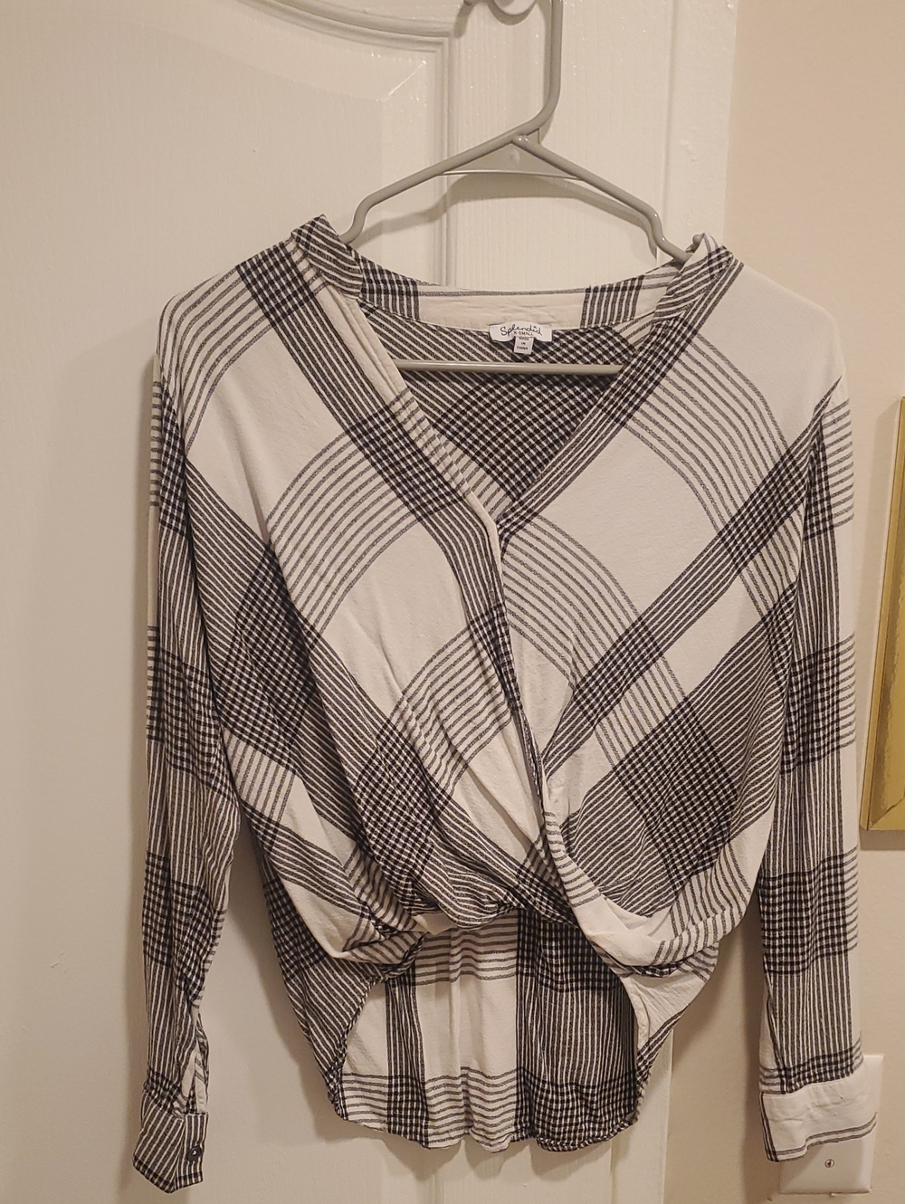 Splendid Black & White Plaid Twist-Front Long Sleeve Top